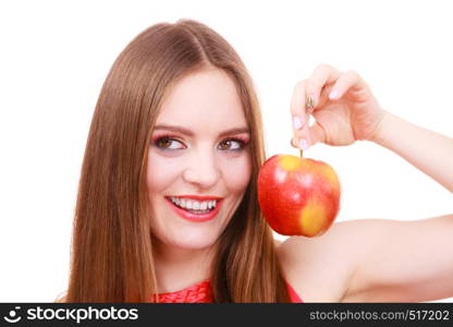 Woman young charming female long haired colorful make up holds big red apple fruit. Healthy eating, vegetarian food, dieting and people concept.. Woman charming girl colorful makeup holds apple fruit