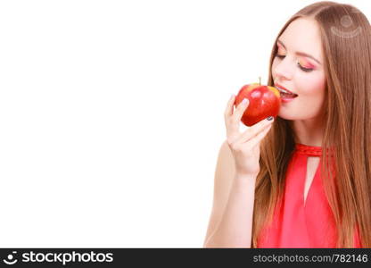 Woman young charming female long haired colorful make up holds big red apple fruit. Healthy eating, vegetarian food, dieting and people concept.. Woman charming girl colorful makeup holds apple fruit