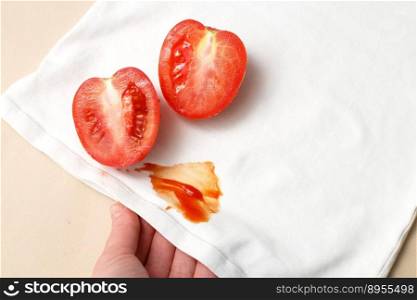 womans hand hold white shirt clothes with Tomatoes and ketchup stain.. womans hand hold white shirt clothes with Tomatoes and ketchup stain