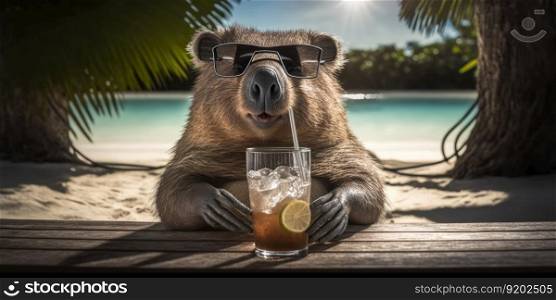 wombat is on summer vacation at seaside resort and relaxing on summer beach