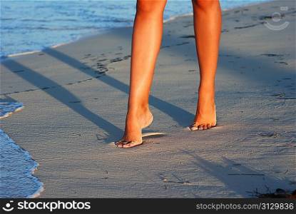 Women&acute;s sexy legs on the evening beach