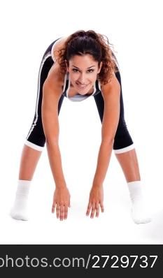 Women bending down and doing her excercise on white background