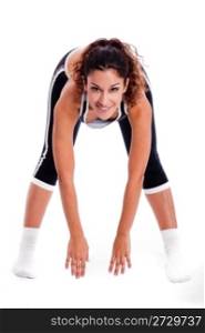 Women bending down and doing her excercise on white background