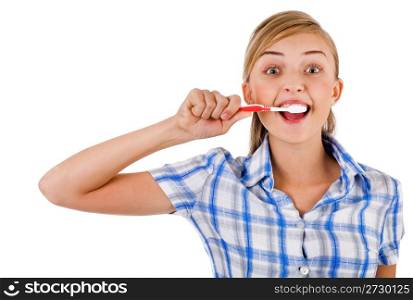 Women brushing her teeth on a white background