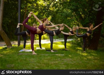 Women doing stretching exercise, group yoga training on the grass. Meditation, class on workout outdoors, relaxation practice. Women doing stretching exercise, group yoga