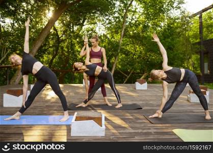 Women doing stretching exercise with instructor, group yoga training on the grass in park. Meditation, class on workout outdoors, relaxation practice. Women doing exercise with instructor, group yoga