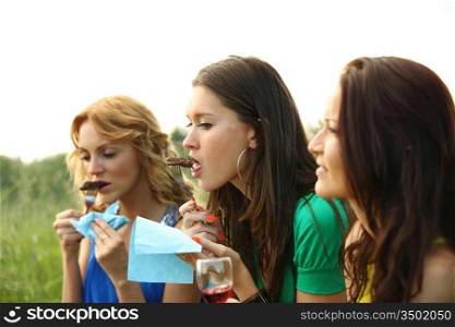 women drink wine on piknic
