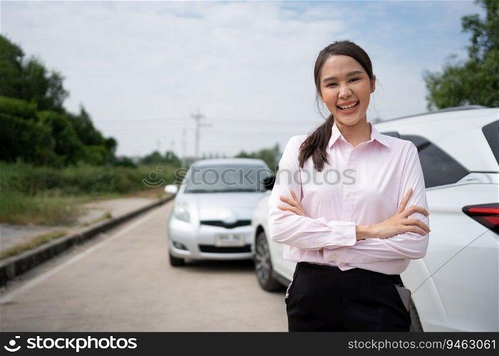 Women drivers stand in front of cars after accident and not worry because have car accident insurance. Online car accident insurance claim idea after submitting photos and evidence to an insurance.