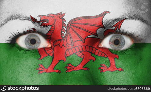 Women eye, close-up, blue eyes, flag of Wales