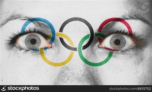 Women eye, close-up, blue eyes, olympic rings