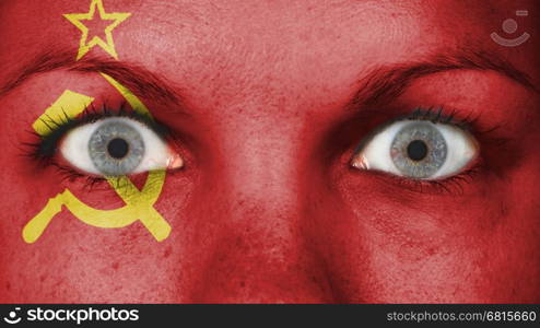 Women eye, close-up, eyes wide open, flag of the USSR