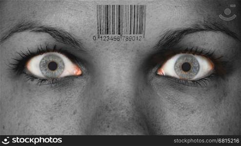 Women eye, close-up, minimum make-up, barcode