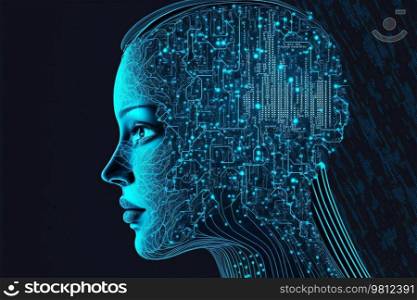 Women face outline with circuit board and binary data. Illustration Generative AI