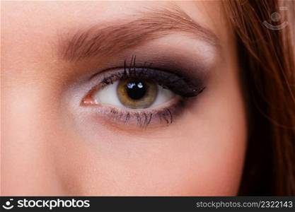 Women facial look. Close up of pretty fema≤face with beauty eyes make up. Dark eyeshadow and long black lashes.. Close up of woman eyes make up.