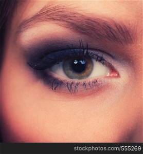 Women facial look. Close up of pretty female face with beauty eyes make up. Dark eyeshadow and long black lashes.. Close up of woman eyes make up.