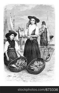 Women Fish Vendors in Lisbon, Portugal, drawing by Ronjat based on a photograph, vintage engraved illustration. Le Tour du Monde, Travel Journal, 1881