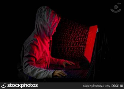 Women hacker breaks into government data servers and Infects Their System with a Virus at his hideout place has dark blue atmosphere, Lady hooded using laptop on binary code background