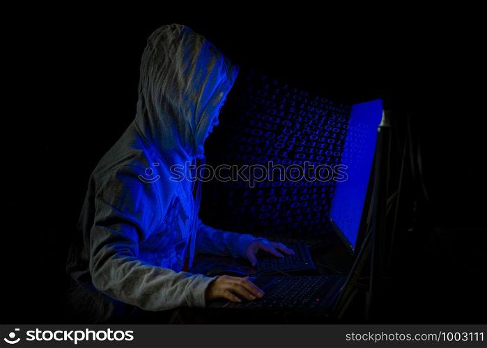 Women hacker breaks into government data servers and Infects Their System with a Virus at his hideout place has dark blue atmosphere, Lady hooded using laptop on binary code background , Malware concept