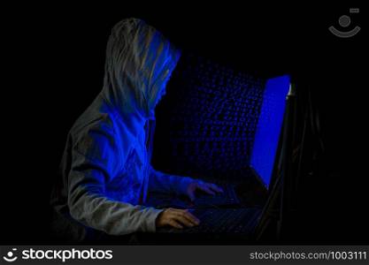 Women hacker breaks into government data servers and Infects Their System with a Virus at his hideout place has dark blue atmosphere, Lady hooded using laptop on binary code background , Malware concept
