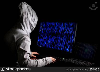 Women hacker breaks into government data servers and Infects Their System with a Virus at his hideout place has dark atmosphere, Lady hooded using laptop on binary code background
