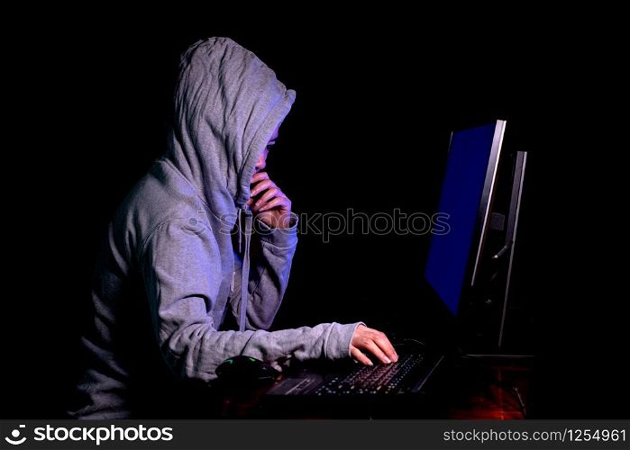 Women hacker breaks into government data servers and Infects Their System with a Virus at his hideout place has dark atmosphere, Lady hooded using laptop on binary code background