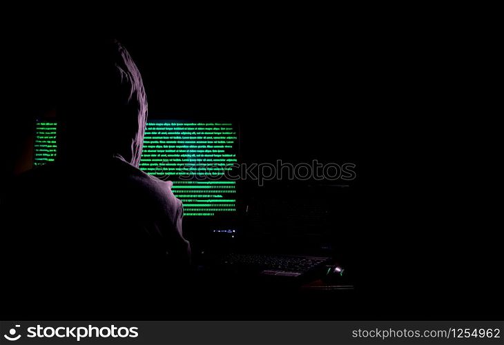 Women hacker breaks into government data servers and Infects Their System with a Virus at his hideout place has dark blue atmosphere, Lady hooded using laptop on binary code background , Malware conce