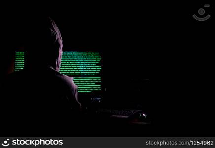 Women hacker breaks into government data servers and Infects Their System with a Virus at his hideout place has dark blue atmosphere, Lady hooded using laptop on binary code background , Malware conce