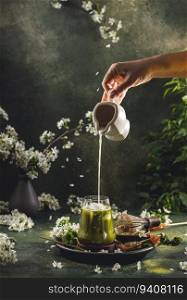 Women hand is pouring homemade sour cream from small jar to glass with matcha tea. Dark background with spring cherry blossom and traditional dishes for this japanese tea