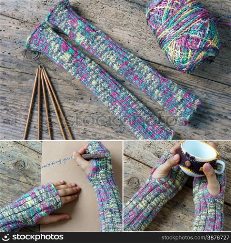 Women hand knitting wool glove to make christmas present, a special gift for cold winter, colorful wool ball, two point needle on wooden background