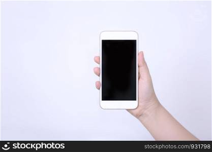 women hand smartphone against white background