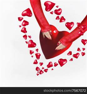 Women hands in red pullover with red manicure holding big heart in hearts frame on white background. Creative Valentines day or date concept