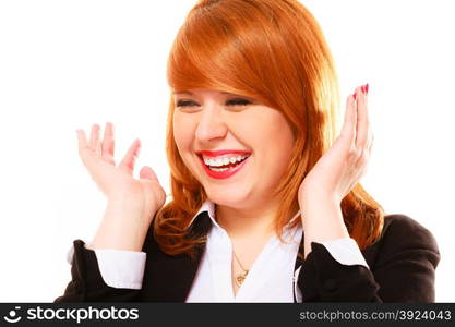 Women in business. Job concept. Joyful red haired businesswoman on white background in studio.