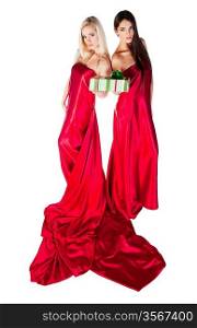 women in long red dress with gift on white background