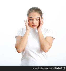 Women in white clothes is suffering from headache&#xA;on a white background