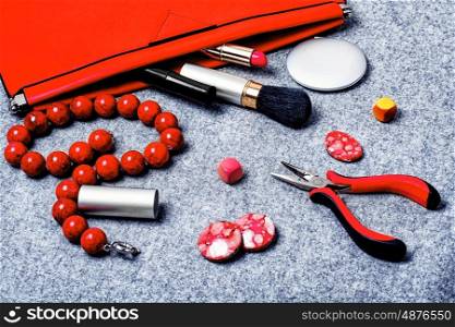 Women jewelry from beads. Set of tools and accessories for making necklaces