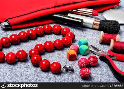 Women jewelry from beads. Set of tools and accessories for making necklaces