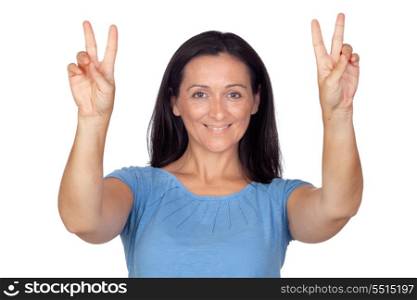 Women making the symbol of victory isolated on a over white background