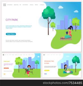 Women on the grass using laptop and phone, spending time in city park. Girl in office style sitting on the bench with laptop near free wifi zone vector. Spending Time in City Park with Free Wifi Vector