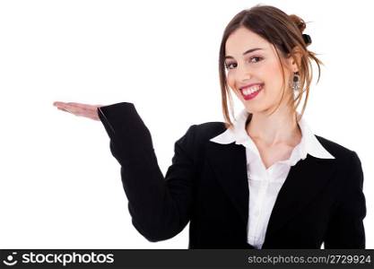 Women pointing at the copy space on a white background