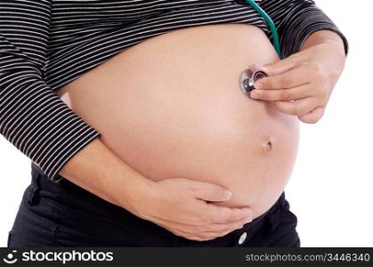 Women pregnant with stethoscope a over white background