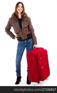 Women ready for travel carrying her suitcase on a wite background