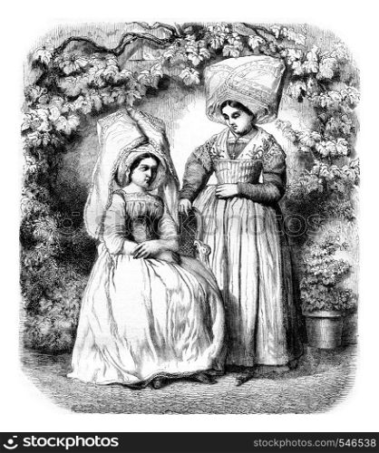 Women's costumes from the island of Re, vintage engraved illustration. Magasin Pittoresque 1861.