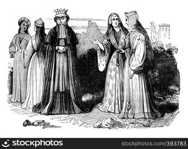 Women's costumes in the reign of Henry VII, vintage engraved illustration. Colorful History of England, 1837.