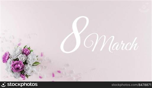 Women&rsquo;s day greeting card, banner, International Women&rsquo;s Day background with Bouquet of peonies and flower petals on white background top angle view, Flat lay, 8 March, 3d render