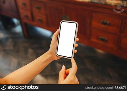 Women&rsquo;s hands holding cell telephone blank copy space screen. smartphone with blank white screen isolated. smart phone with technology concept