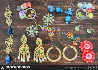 Women&rsquo;s jewellery. Various types of earrings very colourful.