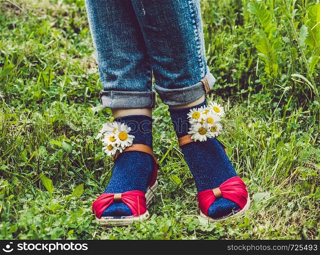 Women's legs, fashionable shoes, bright multi-colored socks on a background of green grass. Close-up. Concept of style, fashion and beauty. Women's legs, fashionable shoes and bright socks