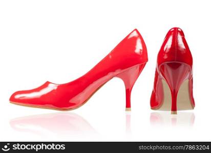 women&rsquo;s red shoes on a thin heel isolated on white. Collage. View side and rear
