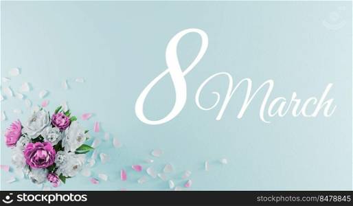 Women’s day greeting card, banner, International Women’s Day background with Bouquet of peonies and flower petals on light blue  background top angle view, 8 March, 3d rendering.