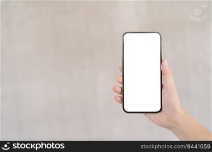 Women’s hands holding cell telephone blank copy space screen. smartphone with blank white screen isolated. smart phone with technology concept